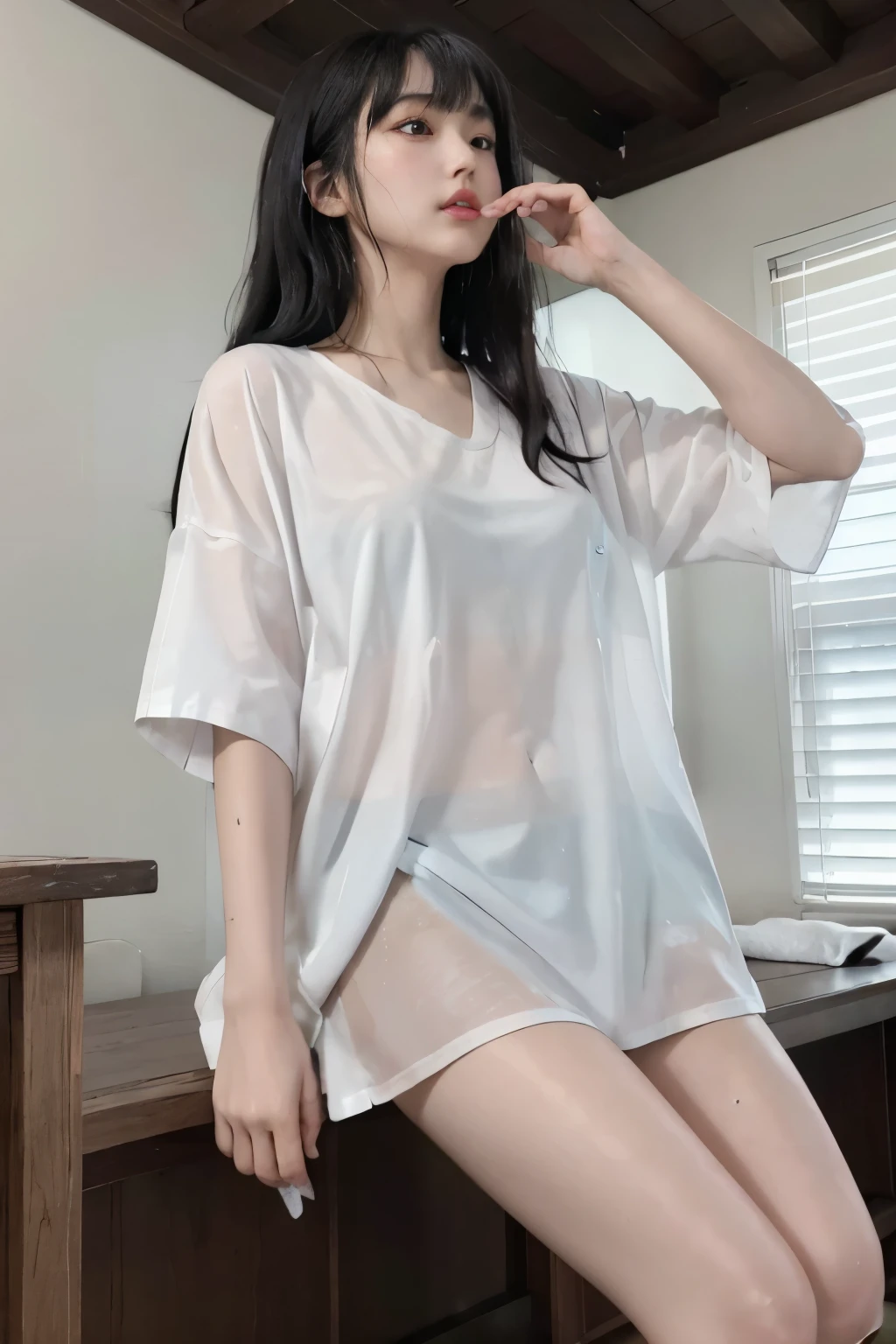 Masterpiece、highest quality、Woman 1、Super detailed、A woman looking up from directly below　Black Hair、Long Hair、Blunt bangs wet hair　Wet shirt、over size white shirt、Long shirt　shirt lift、Lift the shirt yourself、Tuck up、Shirt over swimsuit　Soft thighs　ceiling