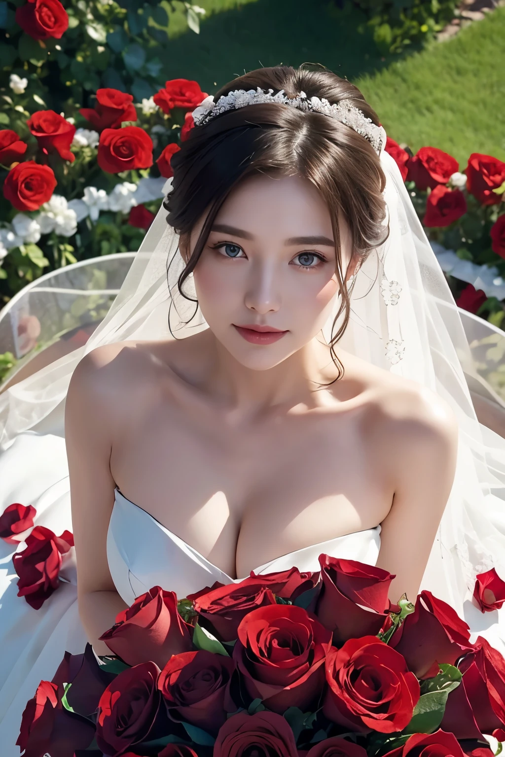 Beautiful woman holding a bouquet of red roses, wearing a wedding dress,  magazine pose, rose fence, (from above)