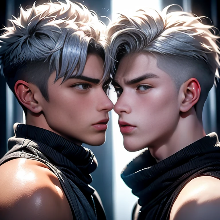 best quality masterpiece high definition platinum gray hair. A 19-year-old boy grabs his 25-year-old brother by the neck. They look at each other, fight with an angry face, grab him by the and threaten to hit him with her fist...., she gets angry, wants to hit him,