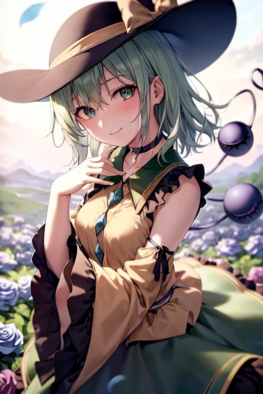 masterpiece, best quality, 1girl, solo, green eyes, komeiji koishi, hat, green hair, flower, blue flower, blue rose, rose, detached sleeves, short hair, bare shoulders, third eye, breasts, bow, smile, petals, dress, from side, medium breasts, looking at viewer, outdoors, black headwear, long sleeves, frills, cloud, wide sleeves, hat bow, closed mouth, choker, alternate costume, sky, black dress, white bow, blush, bangs, hair between eyes, flower field, frilled sleeves, hand up, field, strapless, eyeball, white skirt, cloudy sky, hat ribbon, ribbon, strapless dress, detached collar, finger to cheek, adapted costume, standing, cowboy shot, upper body