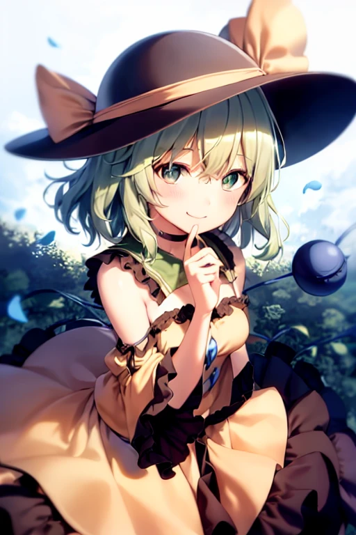 masterpiece, best quality, 1girl, solo, green eyes, komeiji koishi, hat, green hair, flower, blue flower, blue rose, rose, detached sleeves, short hair, bare shoulders, third eye, breasts, bow, smile, petals, dress, from side, medium breasts, looking at viewer, outdoors, black headwear, long sleeves, frills, cloud, wide sleeves, hat bow, closed mouth, choker, alternate costume, sky, black dress, white bow, blush, bangs, hair between eyes, flower field, frilled sleeves, hand up, field, strapless, eyeball, white skirt, cloudy sky, hat ribbon, ribbon, strapless dress, detached collar, finger to cheek, adapted costume, standing, cowboy shot, upper body