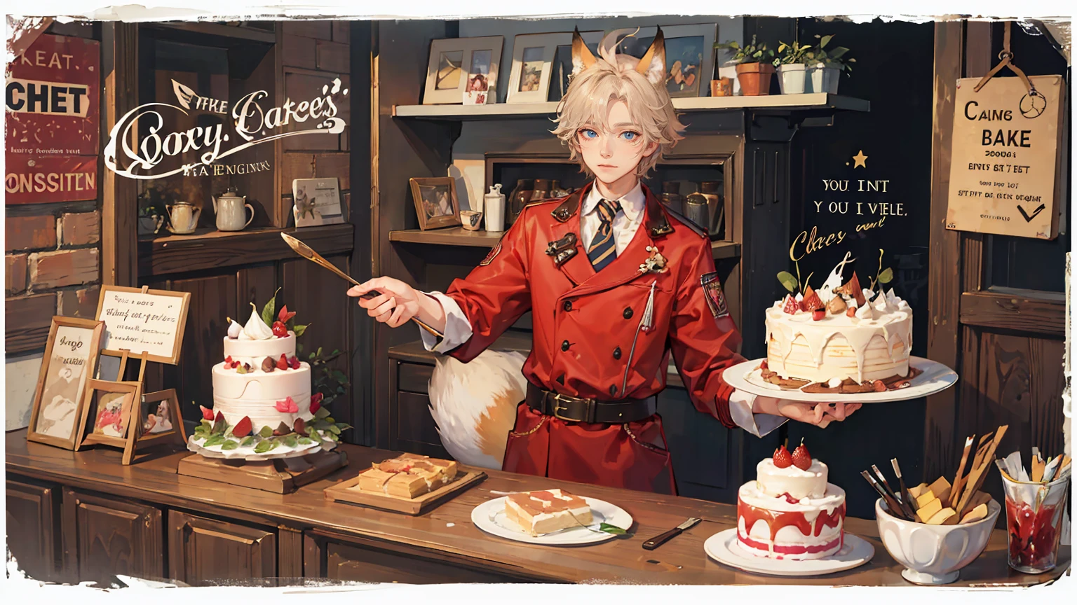 -watercolor, (1boy, fox ears), still life, cakes, english text, sweets, deseerts, poster design, pop art