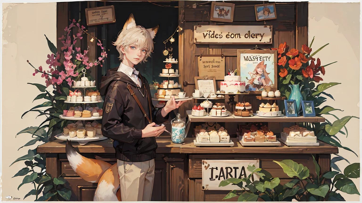 -watercolor, (1boy, fox ears), still life, cakes, english text, sweets, deseerts, poster design, pop art