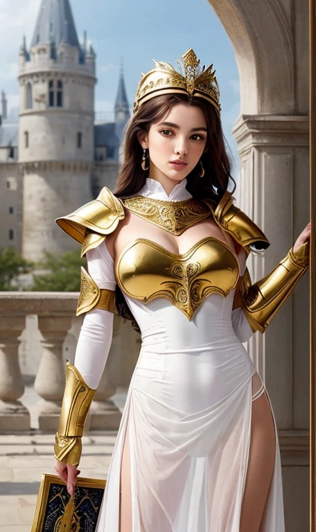une femme en armure tenant une épée，golden armor，belle femme chevalier，Or clair，golden obsidian armor，golden goddess Athena，smooth golden armor，(coup de genou:1.5)，sexy，yeux bleus，petits Seins，des bijoux magnifiques，Slightly open lips，Keep your lips elegant and charming，(rougir)，contempt，Calme et beau，oc rendering reflection texture，sexy，Medieval Castle Background，corps mince，very size ，(erect nipples see through dress，best quality，High resolution，8k，Photo originale，real picture，Digital photography，(UHD, anatomiquement correct, textured skin, accurate, Prime)