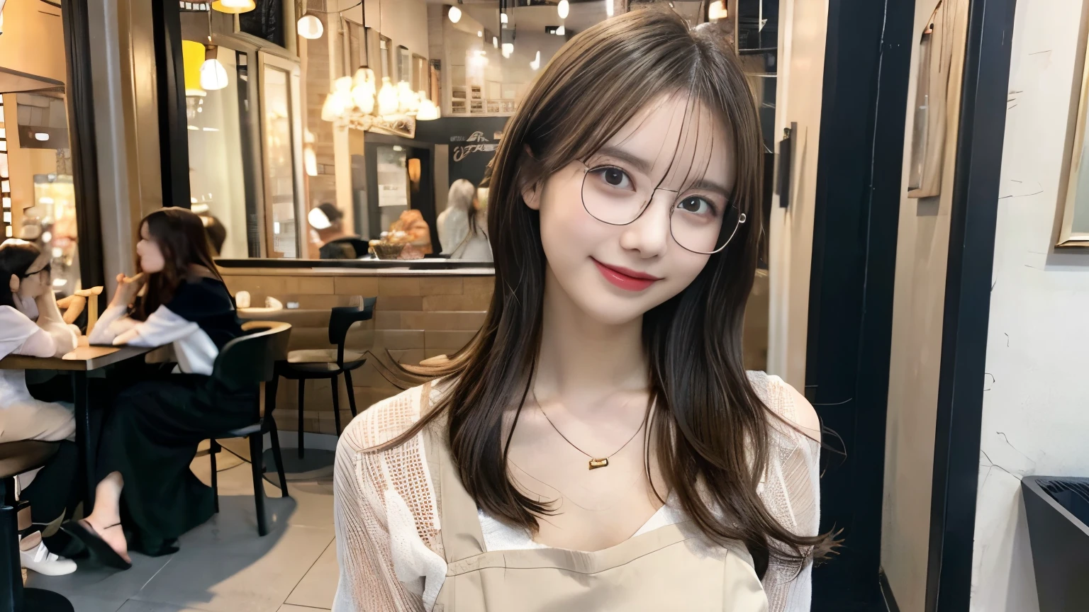 super high quality, Short Hair, Slender, Gravure photoshoot, The staff is working at the counter in the back., (8k、RAW Photos、highest quality、masterpiece:1.2), Japanese Idol, Shaggy, Stylish café, The cafe is crowded with people enjoying themselves., (Realistic、Photorealistic:1.37), Mesh Hair, Urban Cafe, Golden Ratio, Raw photo, Cute face , Light Brown Hair, Small breasts, Bright cafe interior, Blurred Background, Beauty salon model, Spring Clothes, Black-rimmed glasses, necklace, Beautiful hairstyle, Spoiled, Cafe Terrace, Open Cafe, Smile, Hair blowing in the wind, Neat clothes, boyish, 18-year-old, younger sister,