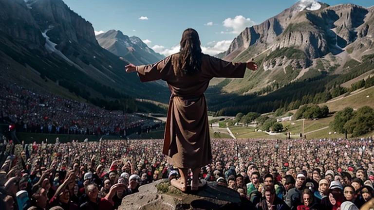 Jesus Christ is standing on a mountain, looking lovingly at a large crowd that had gathered before him. His face radiates compassion and serenity as he extends his hands in a gesture of blessing over the crowd..