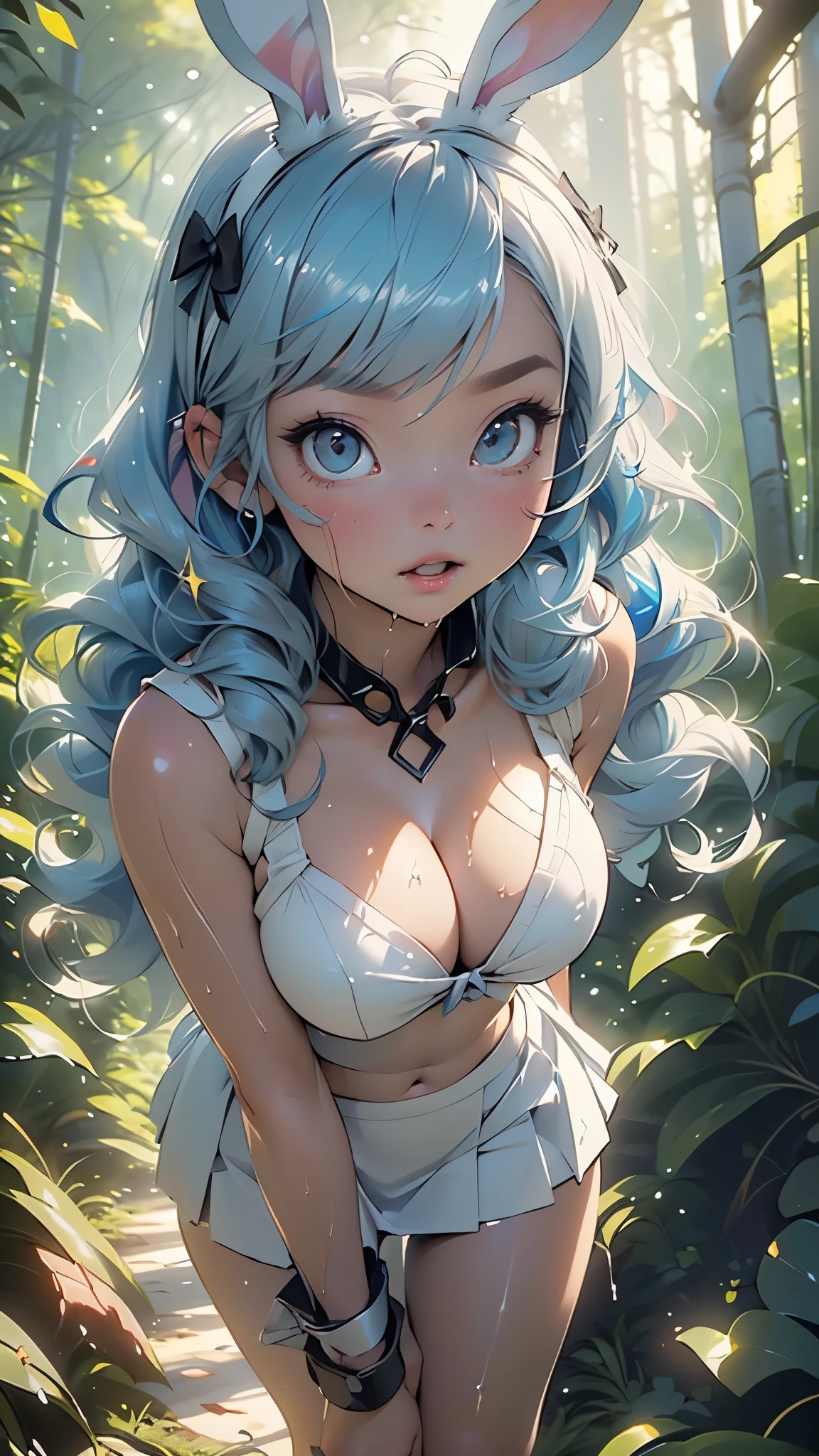 cute bunny girl,(((1girl))),((bunny girl with extremely cute and beautiful light blue hair)),(((bunny girl:1.5,anthro furry cute,bunny-girl))),(((bunny ears:1.5,bunny ears on head:1.5,big bunny ears))),
(large breasts:1.4),saggy breasts,(((light_blue_hair,(((hair tubes))),very long hair, light blue hair, hair bow,light blue long hair))),((blue_sapphire_eyes)),intricate eyes,beautiful detailed eyes,symmetrical eyes,big eyes:1.3,((fat)),(((lustrous skin:1.5,bright skin: 1.5,skin tanned,shiny skin,very shiny skin,shiny body,plastic glitter skin,exaggerated shiny skin,illuminated skin,wet legs))),(spider lower abdomen,narrow waist,wide hip,athletic body,inflated legs, thick thighs,detailed body,(detailed face)),
cute,slutty,seductive,erotic,(nsfw),
((cleavage,midriff, wearing blue and yellow bra)),((white choux on wrists, arms, collarbones and waist to thighs exposed,navel)),(((mini skirt, pleated skirt)),(( thigh strap, wrist cuffs)),
(dynamic pose:1.0),solo focus,embarrassed,(centered,scale to fit dimensions,Rule of thirds),
((pine forest)),scenery:1.25,((intricate scenery)),((forest background)),
(Glossy pastel ornaments),highres,sharp focus,(ultra detailed,extremely detailed),(photorealistic artwork:1.37),(extremely detailed CG unity 8k wallpaper),(((vibrant colors,vibrant theme))),(intricate),(masterpiece),(best quality),artistic photography,(photography taken by sldr),(intricate background),perfect rendered face,perfect face details,realistic face,photo realistic,((intricate detail)),(((realism))),