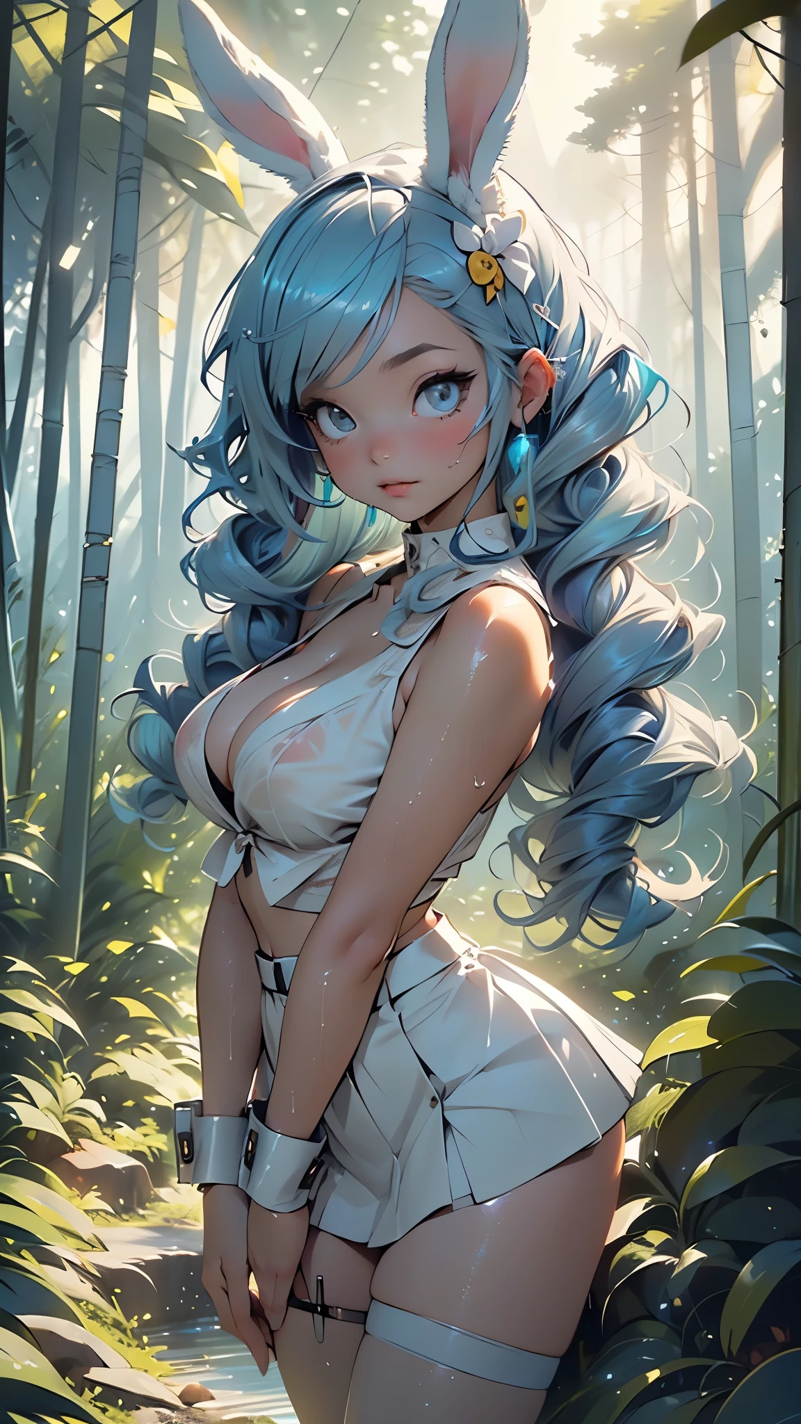 (Best quality, high resolution, masterpiece: 1.3), a tall perfect woman with a slender figure, (short sky blue hair, bunny girl in white clothes), dressed sexy and exposed, in the grass, details of face and skin texture beautifully presented, detailed eyes, double eyelids, sexy pose, realistic, leaky half breast ball, full body shot --auto --s2