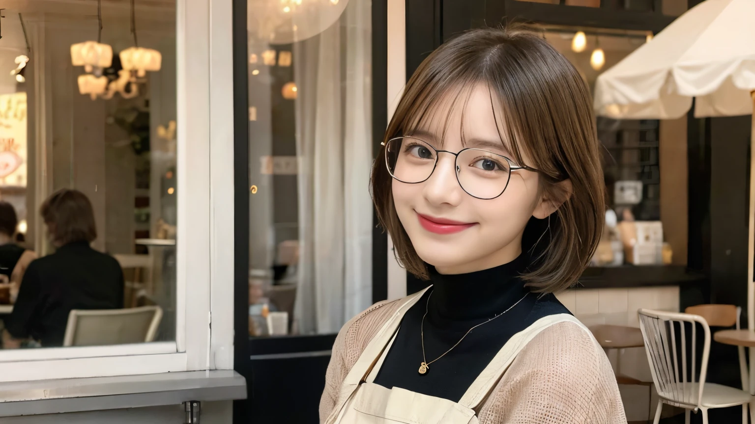 super high quality, Short Hair, Slender, Gravure photoshoot, The staff is working at the counter in the back., (8k、RAW Photos、highest quality、masterpiece:1.2), Japanese Idol, Shaggy, Stylish café, The cafe is crowded with people enjoying themselves., (Realistic、Photorealistic:1.37), Mesh Hair, Urban Cafe, Golden Ratio, Raw photo, Cute face , Light Brown Hair, Small breasts, Bright cafe interior, Blurred Background, Beauty salon model, Spring Clothes, Black-rimmed glasses, necklace, Beautiful hairstyle, Spoiled, Cafe Terrace, Open Cafe, Smile, Hair blowing in the wind, Neat clothes, boyish, 18-year-old, younger sister,