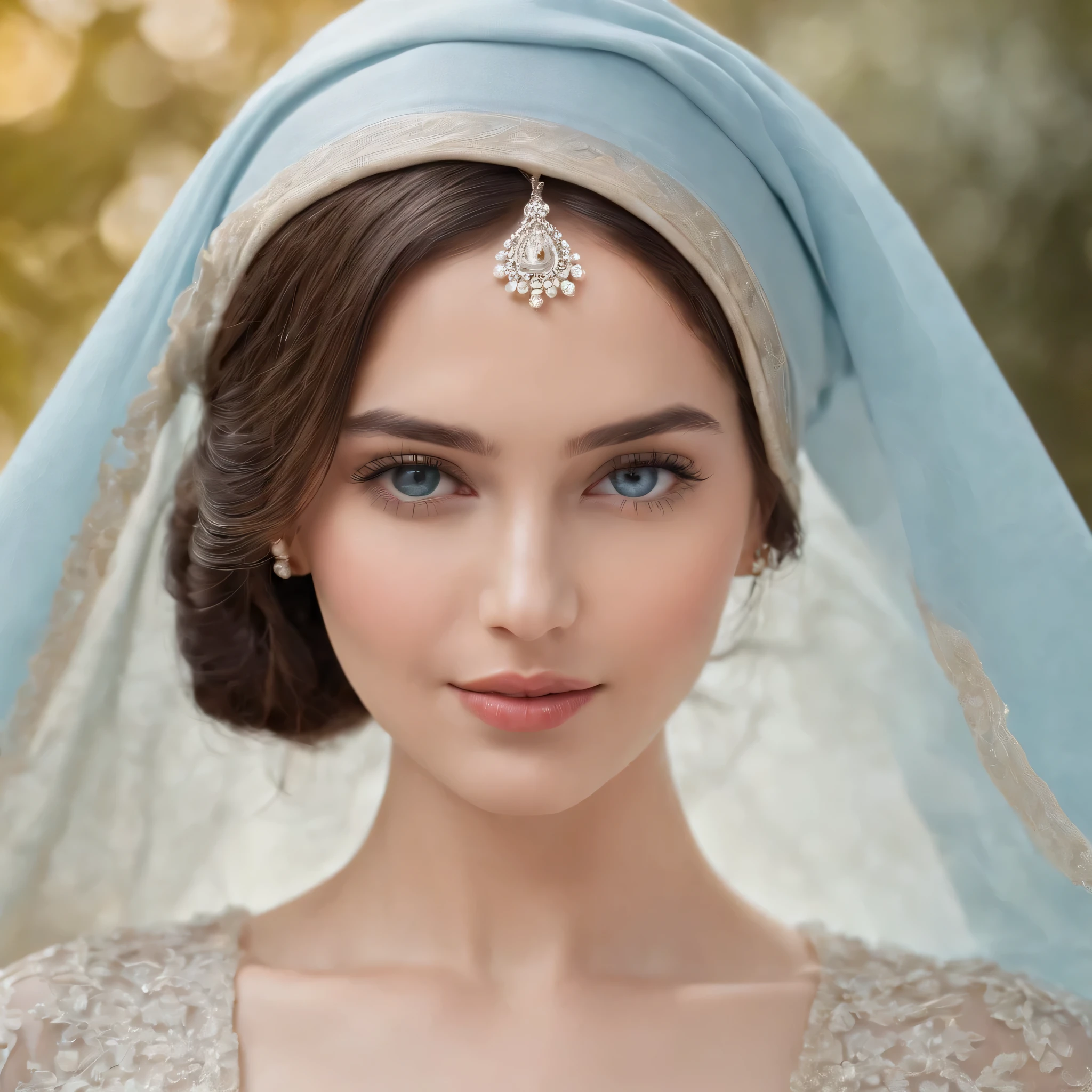 Black-haired woman, Round face,,Good dresses.,Veil,beret,dress up,Grayish-blue eyes,white-skinned, Wear Women's White Costume Islamic Kaftan ;veiled,Fitness,Good dresses.,A beautiful , Amazigh jewellery in Andalusia's palaces looks forward,medium:oil painting,,,Dress styles ,Best Quality,Hi-Res,ultra-detailed image,soft lighting,tranquil atmosphere,Beautiful colors.