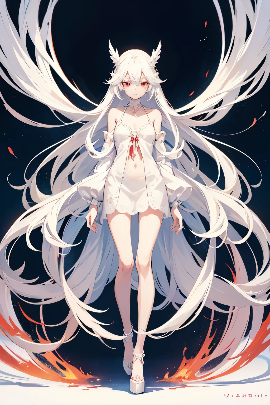 Character design, female, long white hair, wearing a short white lace dress with spaghetti straps, red eyes, small frame, very skinny, detailed, best quality, no accesoires around the neck, prominent collarbones, skinny arms, flat stomach, full body, visible hip bones