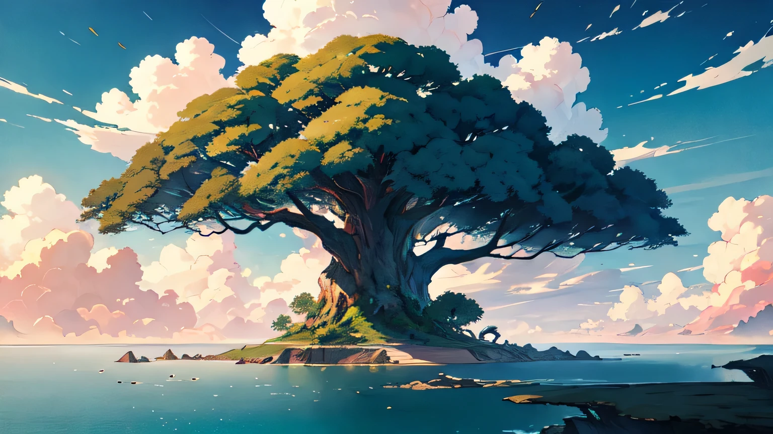 huge tree Yggdrasil,magnificent overlooking view, cloud ocean below, perfect magnificent background world, dutch angle, ink painting style