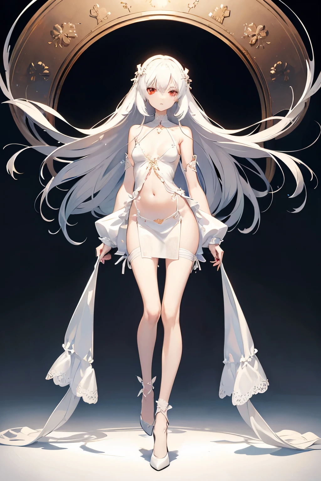 Character design, female, long white hair, wearing a short white lace dress with spaghetti straps, red eyes, small frame, very skinny, detailed, best quality, no accesoires around the neck, prominent collarbones, skinny arms, flat stomach, full body, visible hip bones