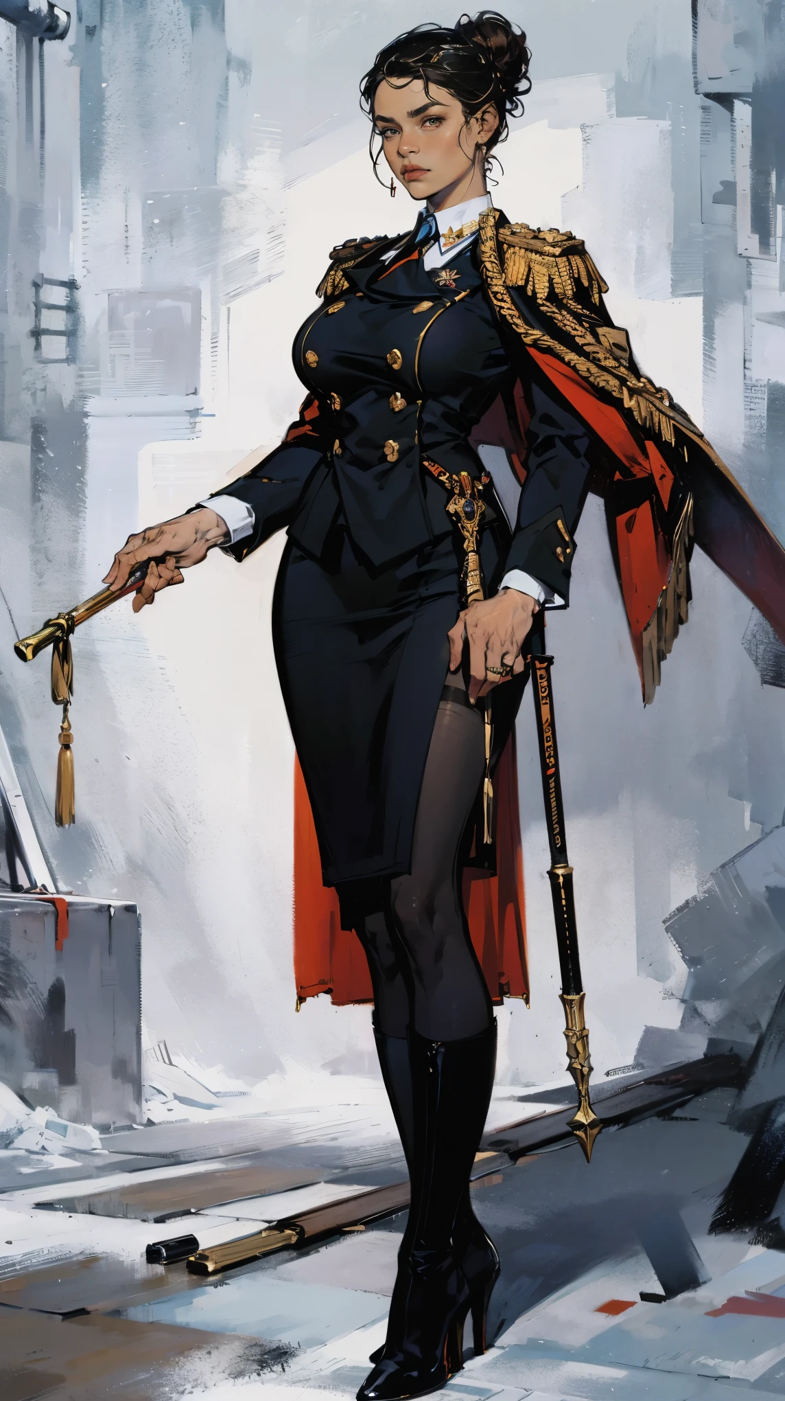 (Best quality, 4K, high resolution, masterpiece, ultra-detailed, realistic anatomy, photo-realistic:1.37), alluring mature woman, high-ranking military officer, (wearing Prussian Field Marshal uniform), (black double-breasted jacket adorned with medals), (matching pencil skirt), matching shoulder cape, Prussian field marshal cap, black stocking, heel boots, chestnut hair, elegantly styled in a chignon bun, standing authoritatively while holding the Field Marshal's baton, This full-body portrait captures her formidable presence and power, with sharp focus on her uniform's intricate details, her numerous medals, and her intense gaze, The image evokes an aura of experience, discipline, and supreme authority, set against an impressive military headquarters backdrop,