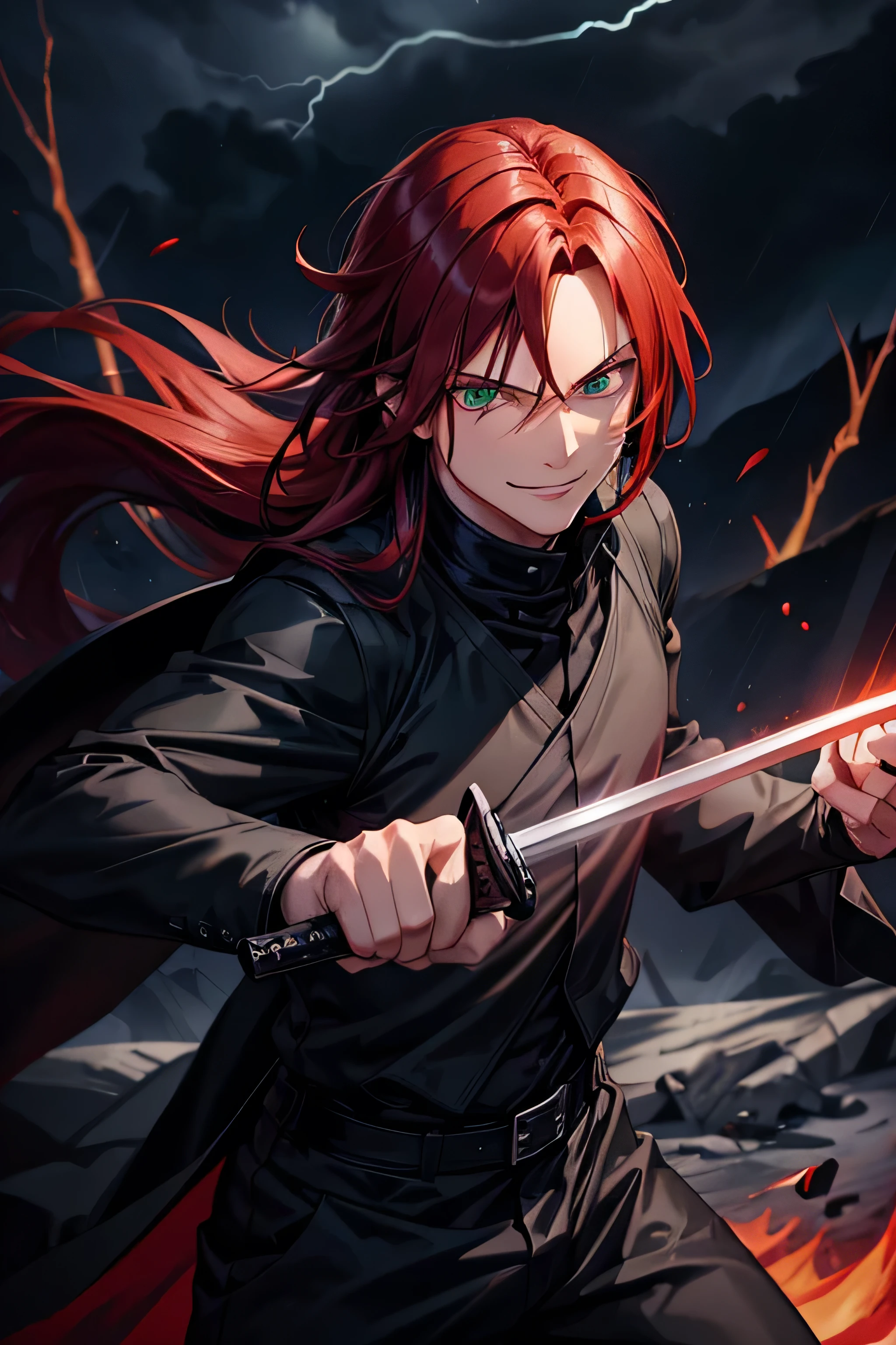 Male ninja, handsome, red hair, long red hair, green eyes, bright green eyes, black outfit, black pants, black robes, black shirt, holding a long sword, surrounded by lighting, storm background, green lightning, normal eyes, normal hands, smug look, smug smile, masterpiece, best quality, black vest, black pants, looking at viewer, holding sword, smile, forest, stormy atmosphere, dynamic pose, normal hands, normal eyes