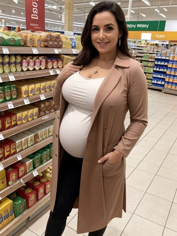 mature european pregnant woman wearing one piece long blouse with brown long coat in grocery mall, wANTS HELP, WET PUSSY