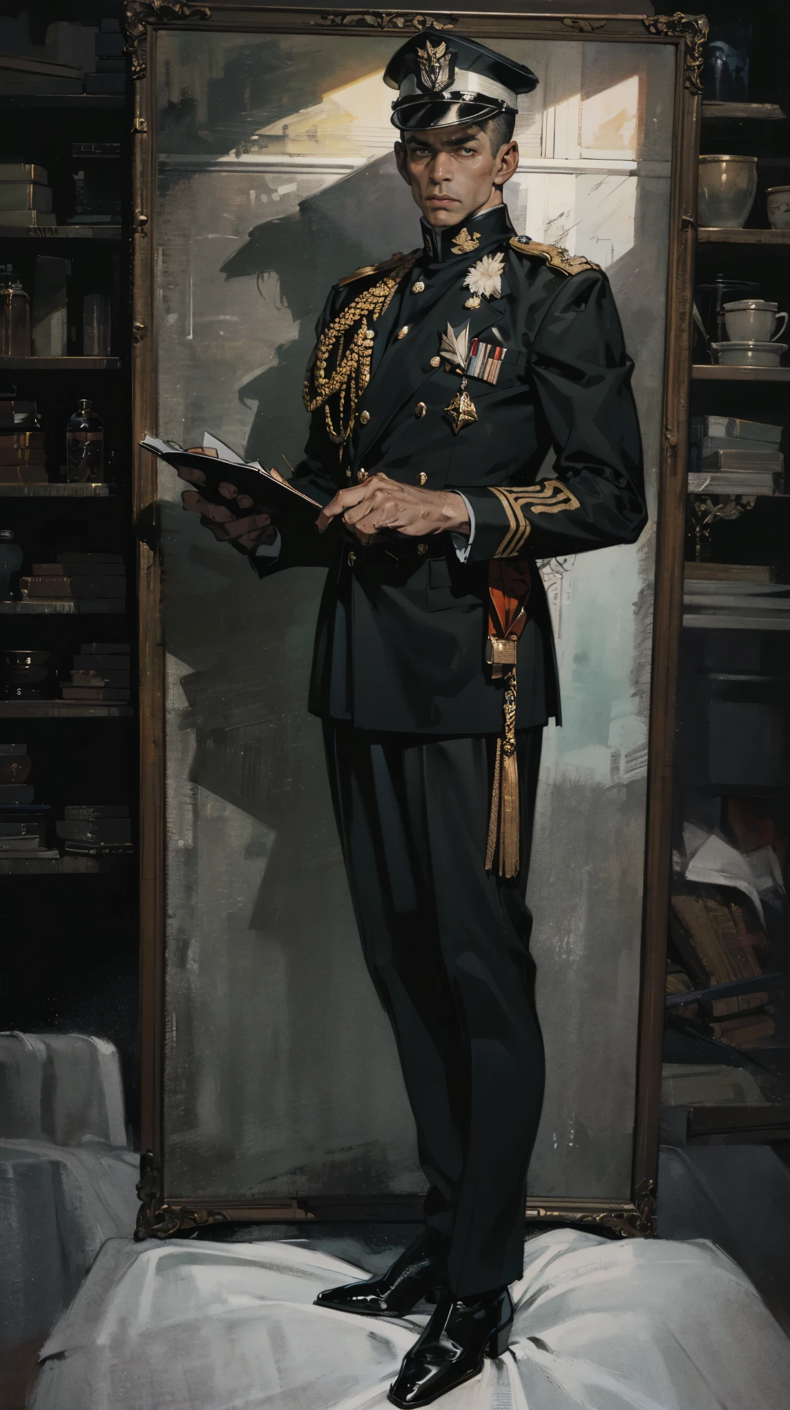 (Best quality, 4K, high resolution, masterpiece, ultra-detailed, realistic anatomy, photo-realistic:1.37), young, striking man, Aide-de-camp to the Field Marshal, (wearing a pristine military uniform), (dark gray double-breasted jacket adorned with a few commendations), (matching tailored trousers), Prussian Deaths Head cap, black polished boots, dark hair, neatly combed back, standing attentively with a clipboard in hand. This full-body portrait captures his youthful energy, dedication, and respect for his superior officer, with sharp focus on his uniform's immaculate condition, his few commendations, and his alert gaze. The image evokes an aura of ambition, discipline, and unwavering loyalty, set against the backdrop of a bustling military headquarters.