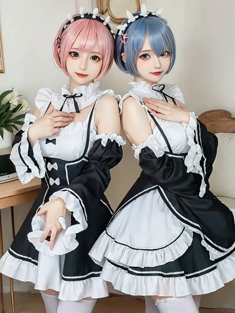 Accurate depiction with high resolution,(8K, Photorealistic, Raw photo, of the highest quality: 1.3), (1girl in), Super beautiful, (Realistic face), (boyish, pink Color Berry Shorthair), Beautiful , Glare that captivates the viewer, Beautiful expression, Beautiful breasts, (Realistic skin), Be...Create a detailed and colorful image of Ram and Rem from Re:Zero, standing back-to-back in their maid outfits, with a magical fantasy background、14years old, two girls,cute, perfect face, beautiful, nice body, gothic lolita clothes, gothic lolita fashion, frilly skirt, headdress, necklace, bracelet, knee-high socks, boots, double eyelids, tear bags, Detailed down to the fingers, photo-like description, indoors, dim indoor lighting, one girl is pink hair and short bob, another girl is light blue hair and short bob,standing,whole body, composition that shows the whole body, smiling,The Both of them are wearing the same type of maid outfit,Optimal ratio of 4 fingers and 1 thumb