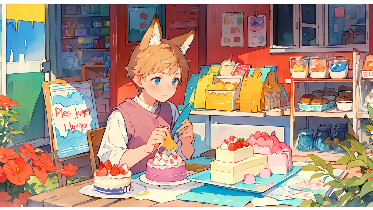 -watercolor, (1boy, fox ears), still life, cakes, english text, sweets, deseerts, poster design, pop art