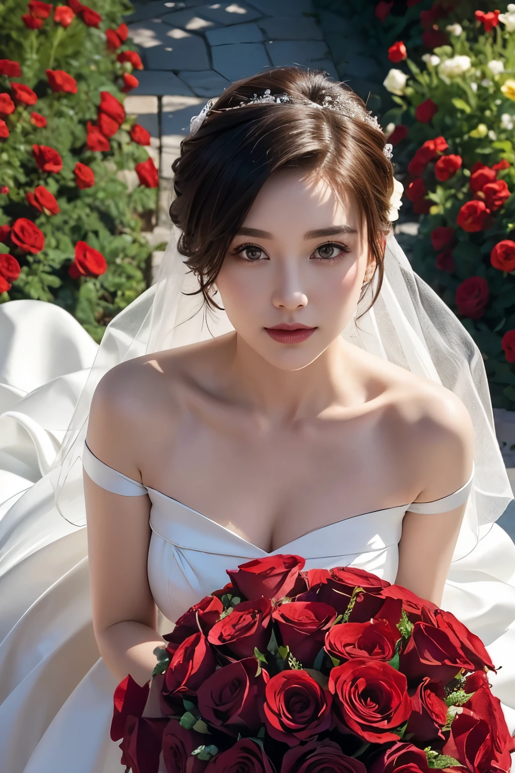 Background and model as is, Beautiful woman holding a bouquet of red roses, wearing a wedding dress,  magazine pose, rose fence, (from above), short cut hair,