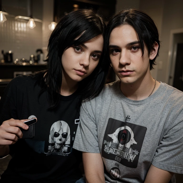 Emo couple interracial Taking a selfie in love , the boy is Polish, similar to Dominik Santorski from the movie Suicide Room He is Polish, grayish blue eyes , pale skin , tall 1.91cm and slim, his hair is dark brown and short emo hairstyle The girl is Mexican emo girl long straight black hair Emo hairstyle with side parting covering one eye complexion she has curvy body and black sad eyes she is short 1.65cm Both dressed in My Chemical Romance t-shirts 