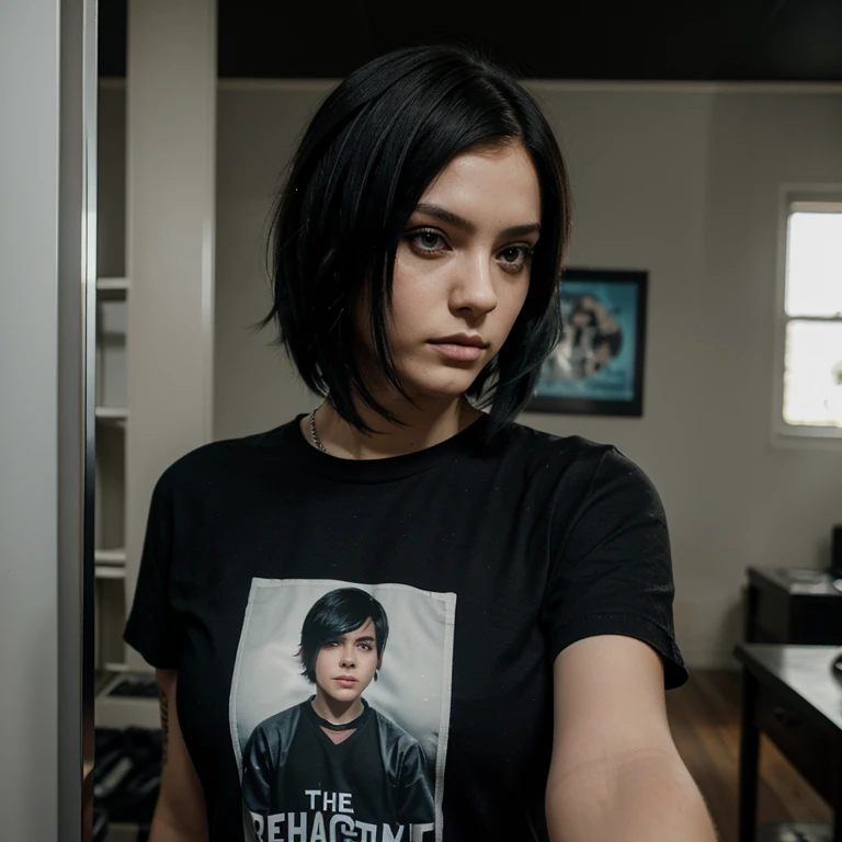 Emo couple interracial Taking a selfie in love , the boy is Polish, similar to Dominik Santorski from the movie Suicide Room He is Polish, grayish blue eyes , pale skin , tall 1.91cm and slim, his hair is dark brown and short emo hairstyle The girl is Mexican emo girl long straight black hair Emo hairstyle with side parting covering one eye complexion she has curvy body and black sad eyes she is short 1.65cm Both dressed in My Chemical Romance t-shirts 