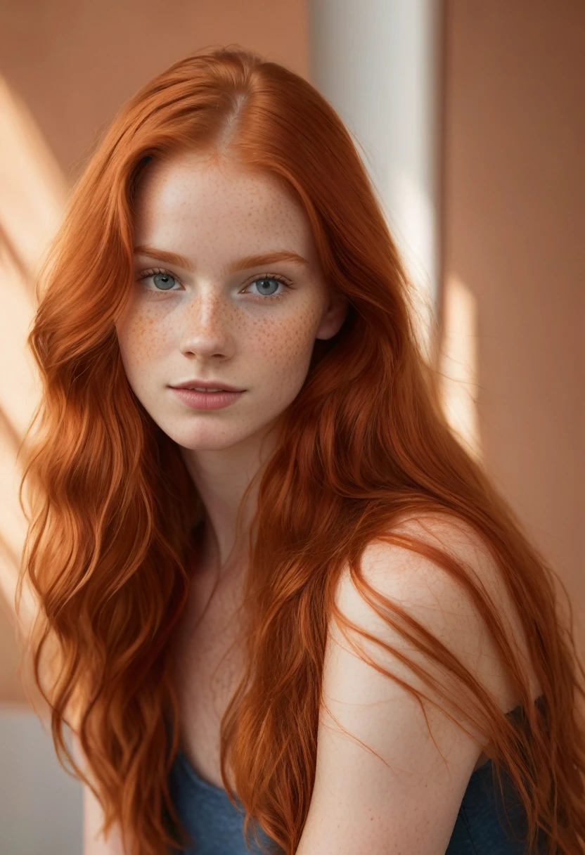 super realistic image, high quality uhd 8K, of 18 year old girl, detailed realistic ((slim body, high detailed)), (tall model), redhead, long ginger hair, high detailed realistic skin, ((face and shoulder portrait)), real vivid colors.