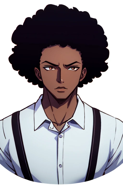 white_background, blank_background, portrait, 1boy, black skin, bodybuilder, dark-skinned_male, black_hair, afro, brown_eyes, black_shirt, red suspenders, ear_studs, absurdres, high res, 8K, looking at viewer, boondocks art style