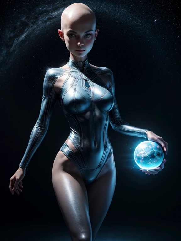 In dark space with only a few stars, breathtaking (masterpiece:1.1),(highest quality:1.1),(HDR:1),hairless woman, a woman made of silvery liquid metal holds an atom levitating between her perfect hands, ((perfect hands)), the light of the atom reflects on her metal skin, her eyes are electric blue, she has no hair, ((the woman is levitating, no ground under her feet, she stands straight)), she look at the atom, his area is serious and responsible, the atom is made up of a spherical nucleus enclosed in a large transparent glass sphere and 3 electron orbits are represented symmetrically,  the woman’s hands are parallel to each other, Longues jambes d'une beauté sublime，grosse poitrine, abdominaux légèrement dessinés