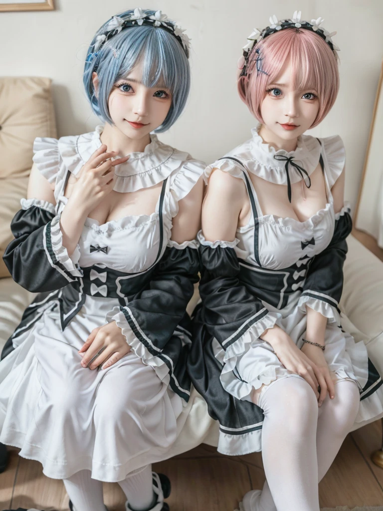 Accurate depiction with high resolution,(8K, Photorealistic, Raw photo, of the highest quality: 1.3), (1girl in), Super beautiful, (Realistic face), (boyish, pink Color Berry Shorthair), Beautiful , Glare that captivates the viewer, Beautiful expression, Beautiful breasts, (Realistic skin), Be...Create a detailed and colorful image of Ram and Rem from Re:Zero, standing back-to-back in their maid outfits, with a magical fantasy background、14years old, two girls,cute, perfect face, beautiful, nice body, gothic lolita clothes, gothic lolita fashion, frilly skirt, headdress, necklace, bracelet, knee-high socks, boots, double eyelids, tear bags, Detailed down to the fingers, photo-like description, indoors, dim indoor lighting, one girl is pink hair and short bob, another girl is light blue hair and short bob,standing,whole body, composition that shows the whole body, smiling,The Both of them are wearing the same type of maid outfit