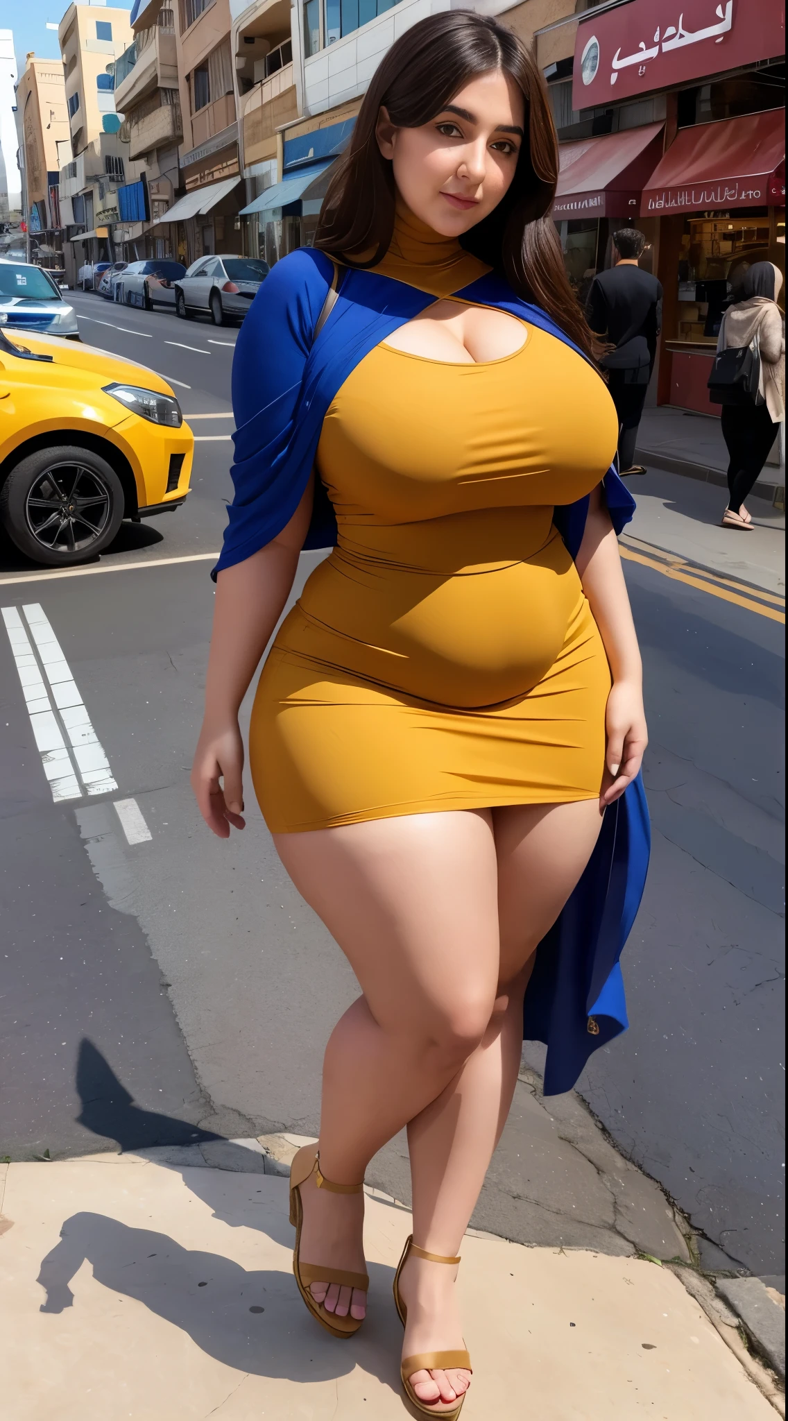Arabic Woman in street, curvy body , wearing dress, beautiful woman, very detail ,pawg, long legs ,thick high, full body in camera, pawg, wearing strap wedges
