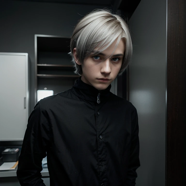 Polish emo boy short dark brown hair, blue-gray eyes, very white complexion, similar to the character Dominik Santorski from the movie Suicide Room, dressed as an emo from 2000, Height 1.91cm, very thin, very handsome and depressed Do it over coffee in your office