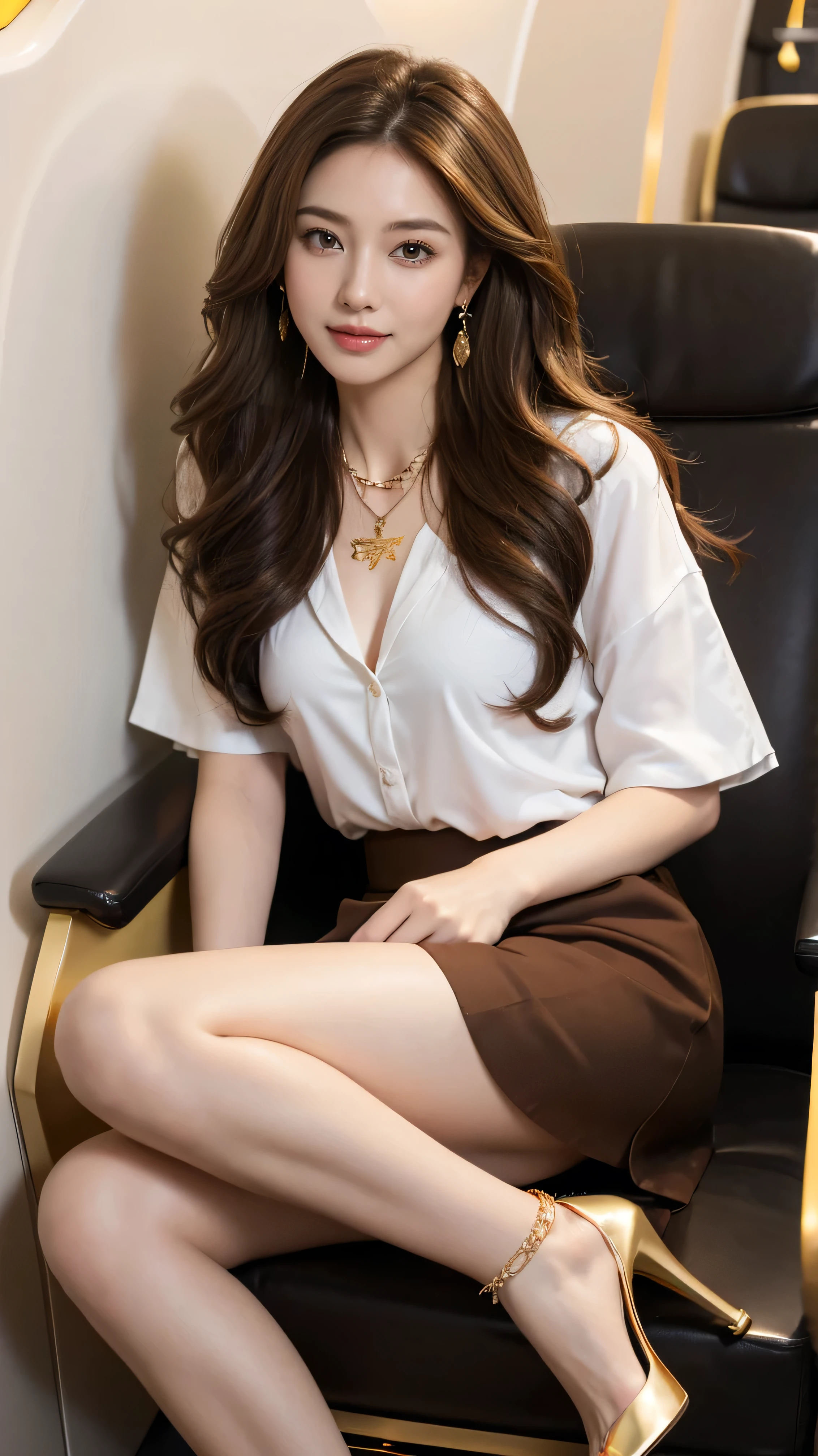 highest quality,masterpiece,Ultra-high resolution,(Actual:1.4),Original photo,Ultra-high resolution,8k,There are women,Fair skin,Exquisite makeup,stewardess uniform,flight attendant uniform,flear miniskirt,white shirt,silk scarf,inside the airplane,High heels,Long legs,Bright and beautiful、shy smile、((Loosely inward wavy hair:1.2)),((Gold Necklace_Large earrings:1.2)),((Extra long brown hair:1.2))