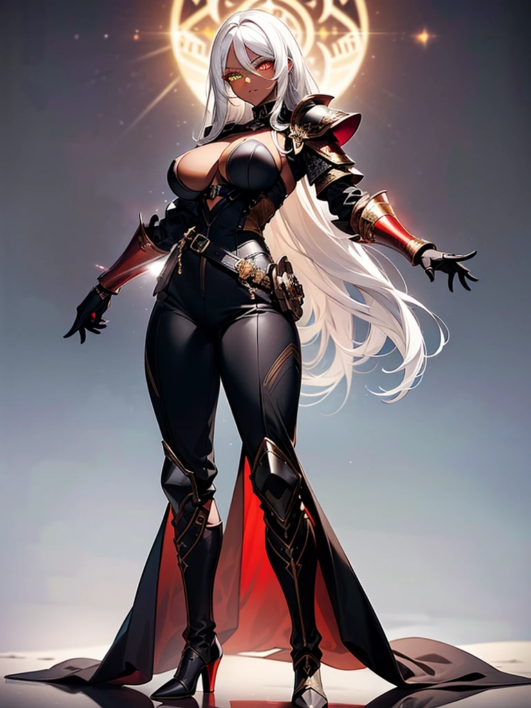 (masterpiece, best quality), (Official art, masterpiece, 8k, ultra-detailed), ultra-detailed, photo of a beautiful 32 year old woman, ((dark skin)), white hair, wearing round glasses on her face, eyes red and yellow, wearing a tight black jumpsuit, with light armor, large, ultra-detailed breasts, (ultra-detailed face), (1 dark-skinned woman), long white hair, ((((Heterochromia in eyes, detailed red and yellow eyes)))), (very detailed eyes: 1,2), (((detailed red and yellow eyes))), heterochromia of red and yellow eyes very well presented, (wearing round glasses on the face very detailed: 1,2), well designed glasses, ((gauntlets and high heel boots)), witch items, belts, (ideal body proportion), ((black jumpsuit with light armor)), ultra detailed character, wallpaper, pinterest, Fantasy Art, (Fantasy art), fantasy scene, (medieval magic village), wallpaper, pinterest, front photo, exterior, cinematic photo, natural light, beach photo, wallpaper, pinterest, badass image, perfect photo, volumetric lighting