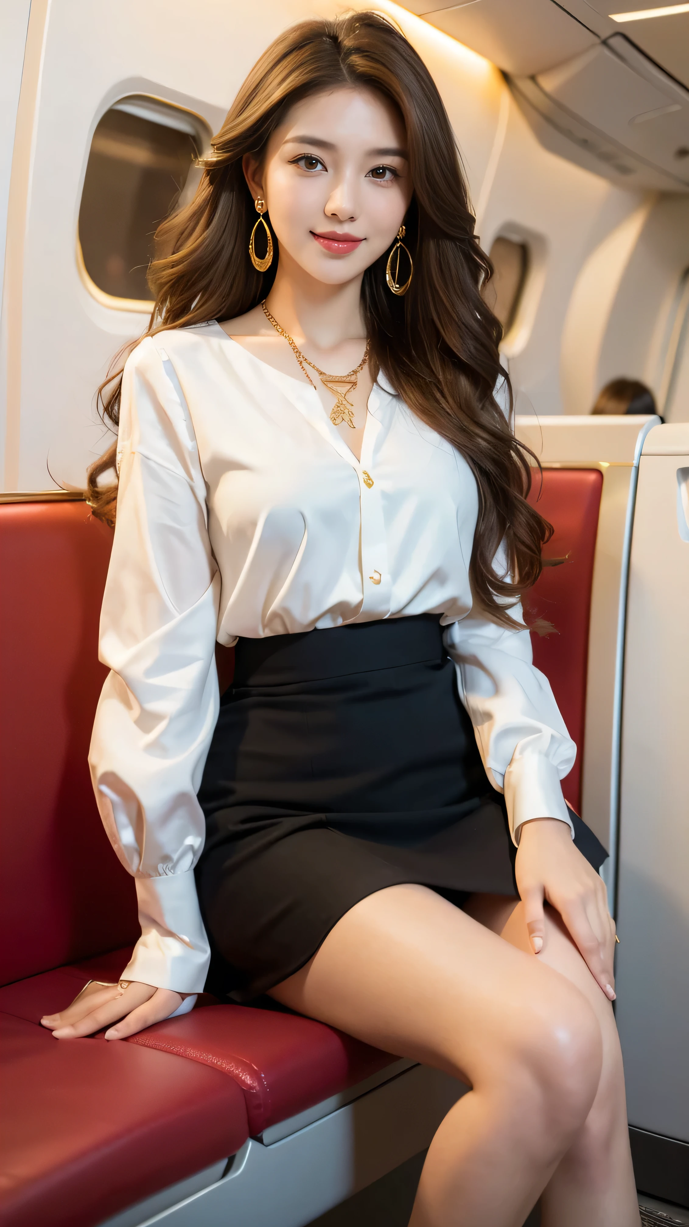 highest quality,masterpiece,Ultra-high resolution,(Actual:1.4),Original photo,Ultra-high resolution,8k,There are women,Fair skin,Exquisite makeup,stewardess uniform,flight attendant uniform,flear miniskirt,white shirt,silk scarf,inside the airplane,High heels,Long legs,Bright and beautiful、shy smile、((Loosely inward wavy hair:1.2)),((Gold Necklace_Large earrings:1.2)),((Extra long brown hair:1.2))