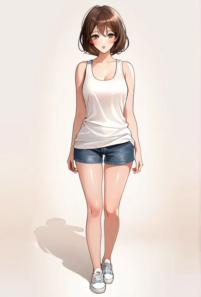 (realistic,photorealistic:1.37),(best quality,highres),(aesthetic light),(warm color tones),(subtle shadows),(soft focus),beautiful detailed eyes,beautiful detailed lips,extremely detailed eyes and face,standard facial features,normally proportioned body,solo,looking directly at the viewer,FULL BODY,short brown hair,standing with body facing the viewer,wearing a tank top, wearing a short tight, wearing shoes,plain white background,perfect body,perfect composition.