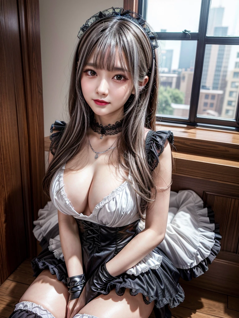 Accurate depiction with high resolution,(8K, Photorealistic, Raw photo, of the highest quality: 1.3), (1girl in), Super beautiful, (Realistic face), (boyish, Silver Color Berry Shorthair), Beautiful , Glare that captivates the viewer, Beautiful expression, Beautiful breasts, (Realistic skin), Be...Super high quality, super high definition, super detailed, masterpiece, 20years old, female, cute, perfect face, beautiful, nice body, gothic ta clothes, gothic loliashion, frilly skirt, headdress, necklace, bracelet, knee-high socks, boots, double eyelids, tear bags, Detailed down to the fingers, photo-like description, indoors, dim indoor lighting, black hair, semi long, standing, whole body, composition that shows the whole body, smiling