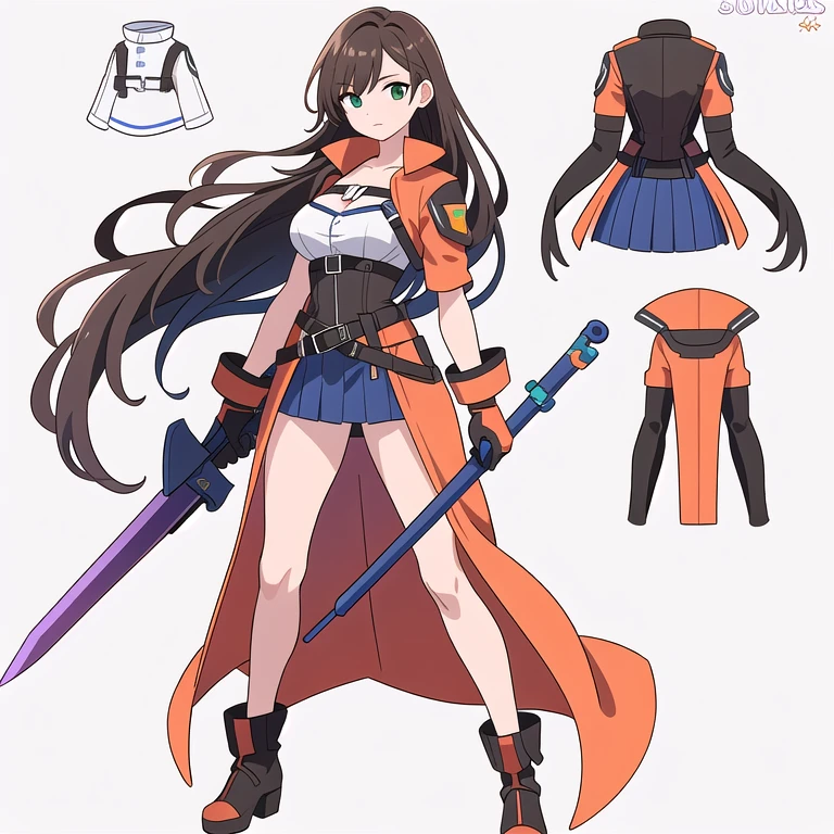 (((Best Quality))) , ((full body)), female, reference sheet, solo, (white background), holding weapon, gloves, trench skirt, belt, standing, casual dress, bikini, side slit skirt, gloves, blue, orange, green, violet, brown, white,