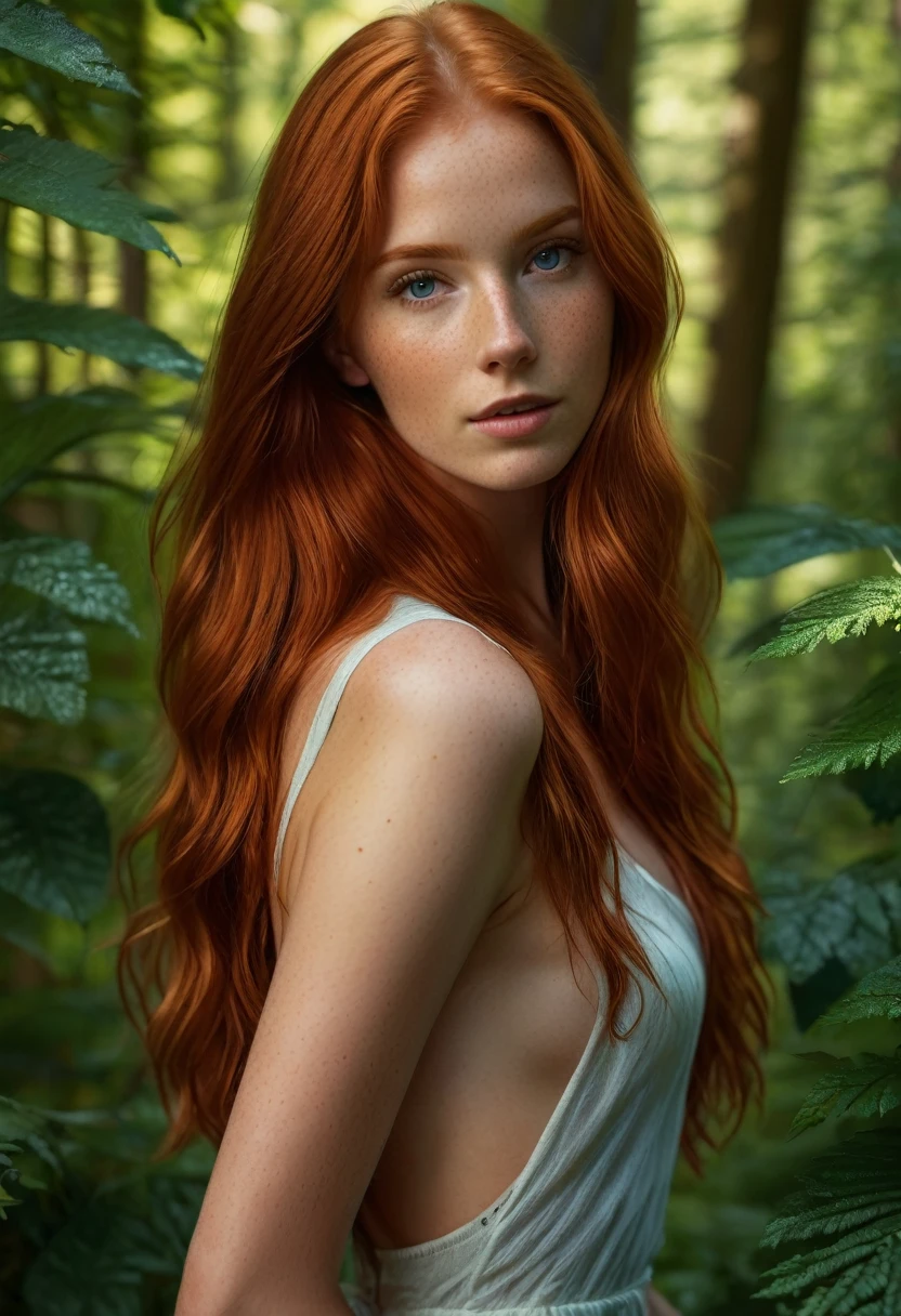 super realistic image, high quality uhd 8K, of 21 year old girl, detailed realistic ((slim body, high detailed)), (tall model), redhead, long ginger hair, high detailed realistic skin, ((face and shoulder portrait)), real vivid colors, standing in the forest