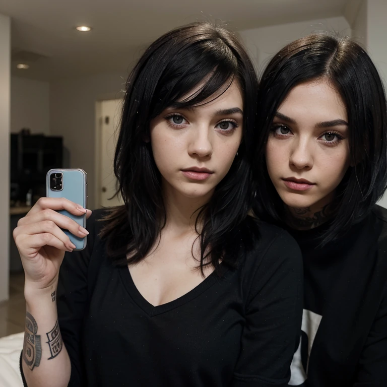 Emo couple interracial Taking a selfie in love , the boy is Polish, similar to Dominik Santorski from the movie Suicide Room He is Polish, grayish blue eyes , pale skin , tall 1.91cm and slim, his hair is dark brown and short emo hairstyle The girl is Mexican emo girl long long and straight black hair Emo hairstyle with side parting covering one eye complexion she has curvy body and black sad eyes she is short 1.65cm
