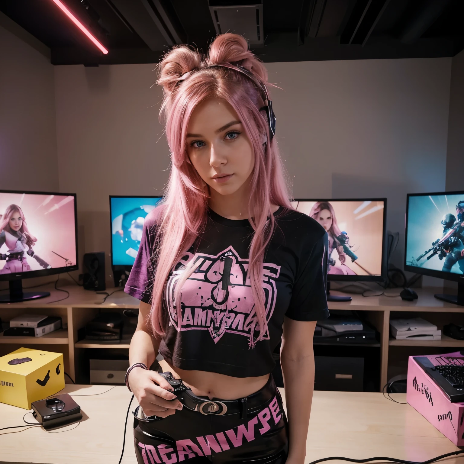 Certainly! Here's the updated prompt:

"Please create a realistic image of a 25-year-old brunette young woman with light eyes and long, pink hair. She is an influencer and gamer, so her posture should reflect her confidence and enthusiasm for the gaming world. Perhaps she is holding a game controller or wearing headphones. Her expression should be captivating and full of energy. In terms of style, she may be wearing a t-shirt with gaming references or modern and colorful clothes. The lighting should highlight her pink hair and create a vibrant atmosphere. Additionally, please depict the influencer in a gamer-themed room in the background."