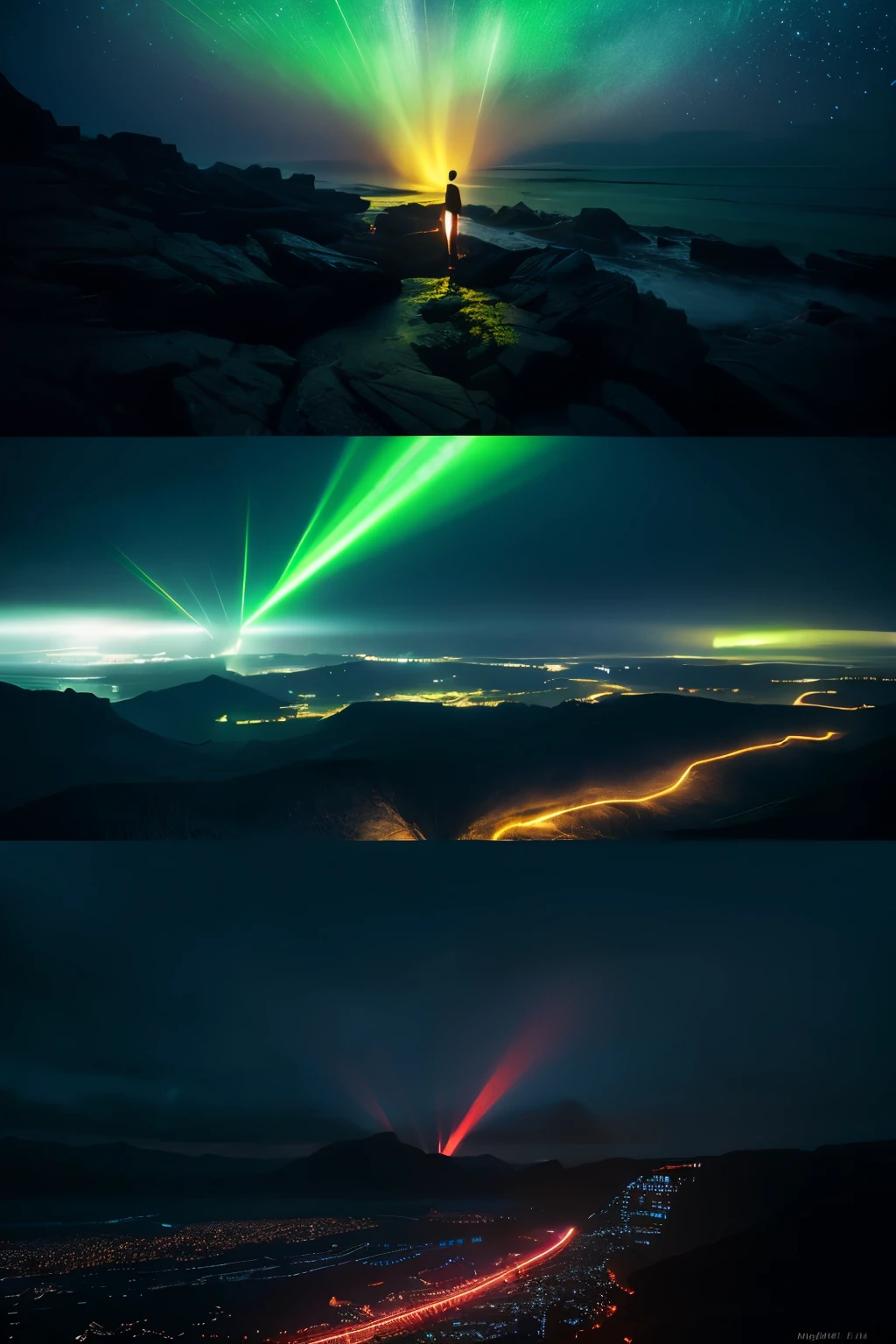 ((highest quality)), ((masterpiece)), (detailed), A hyper-realistic, photo-like depiction of a dark, cyberpunk-influenced, fantastical otherworldly landscape set in the near future. The camera is very close to the ground, enveloping the scene in a mysterious, dim atmosphere. Numerous floating islands of various sizes hover above, each adorned with glowing neon lights and cybernetic enhancements. The largest islands emit beams that intertwine, casting soft lights through the ground mist and creating an ethereal vista. The overall mood is quiet yet vibrant, with a palette of sharp neon against subdued dark tones, emphasizing a mystical and futuristic world.