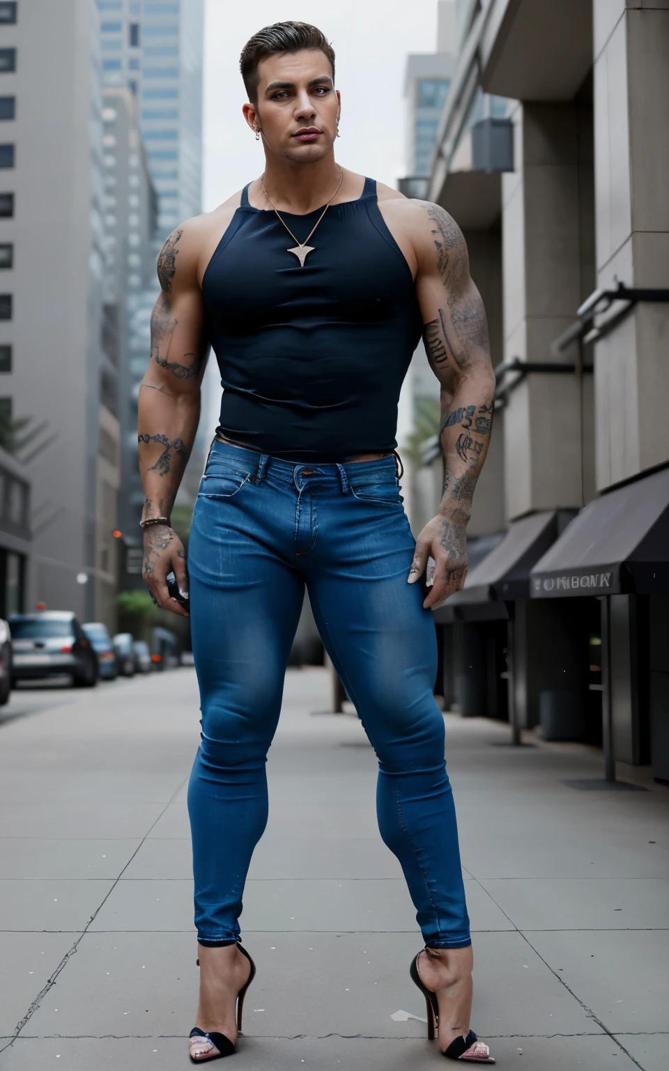 Athletic hunk muscular man with very short hair, very tight jeans, vintage white bra, verystiletto high heels pumps with pointy toes, earrings, makeup, tattoos, long earrings, necklace, lipstick, outside