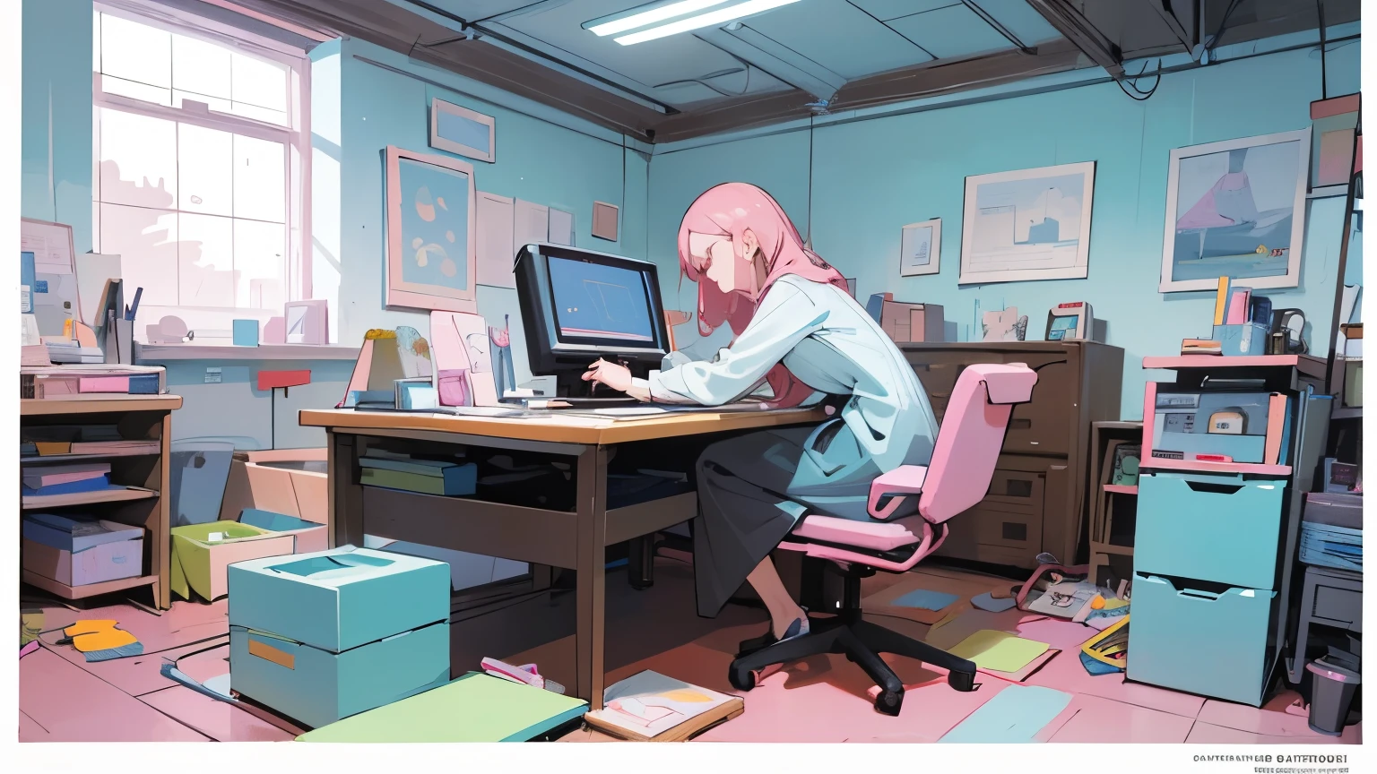 Illustration of a woman working on a computer，Walk through a room with various objects, Edit the pastel colors of the illustration, no estilo de James Gillard, estilo de illustration, arte de James Gillard, Flat illustration, in style of digital illustration, magazine illustration, editorialillustrations, digital illustration -, #illustration, magazine illustration, inspirado em James Gilleard, Modern illustration, illustration | rootkowski, Stylized digital illustration
