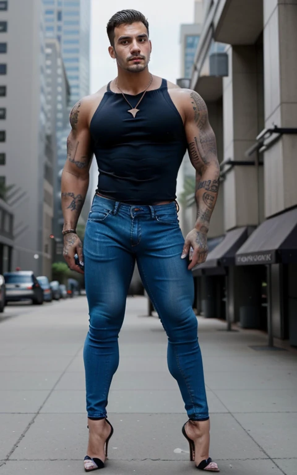 Athletic hunk muscular man with very short hair, very tight jeans, vintage bra, very high stiletto heels with pointy toes, earrings, makeup, tattoos, long earrings, necklace, lipstick, outside
