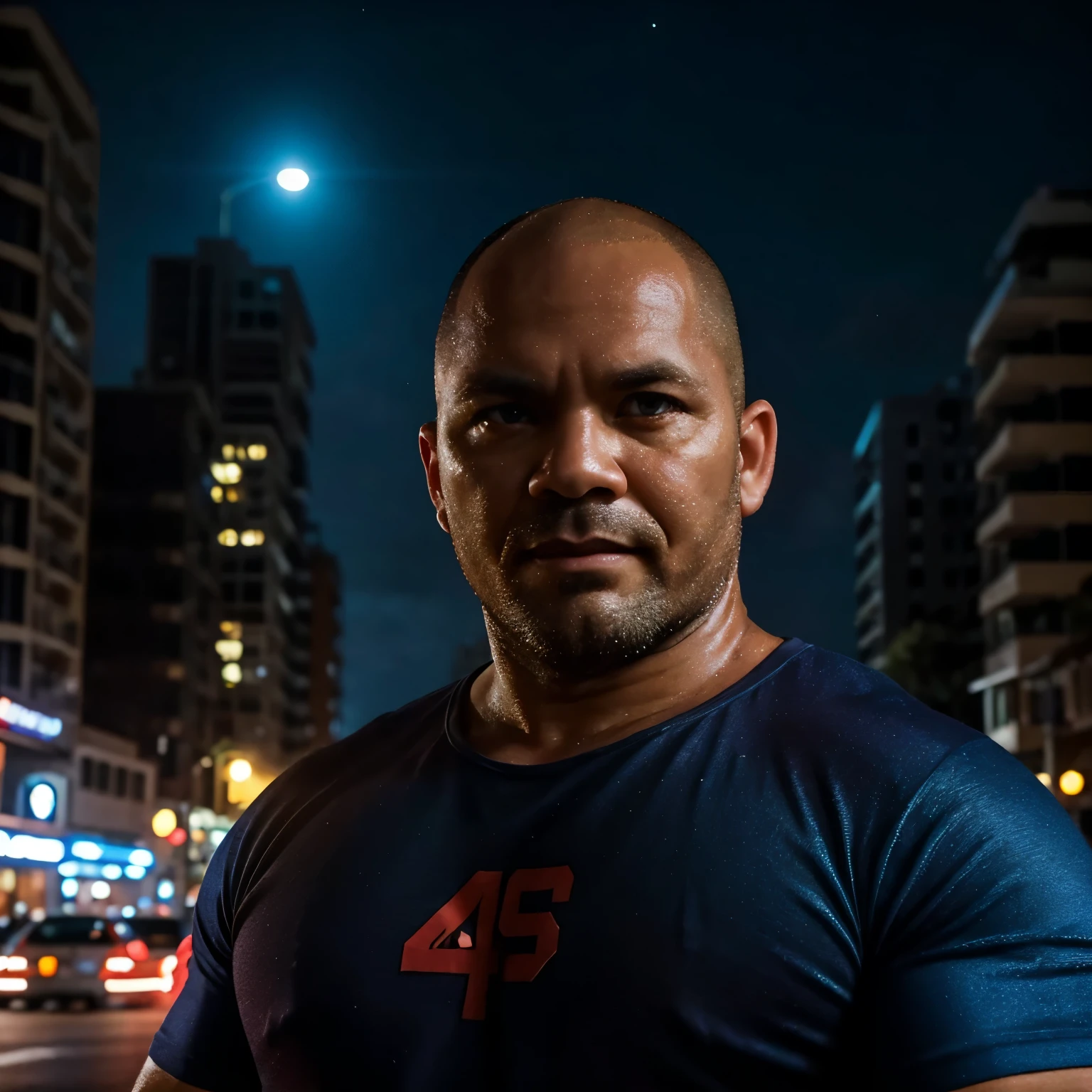 A man, 40yo, strong, looking at forward, hero, in the night city, vibrant color, high definition, high quality