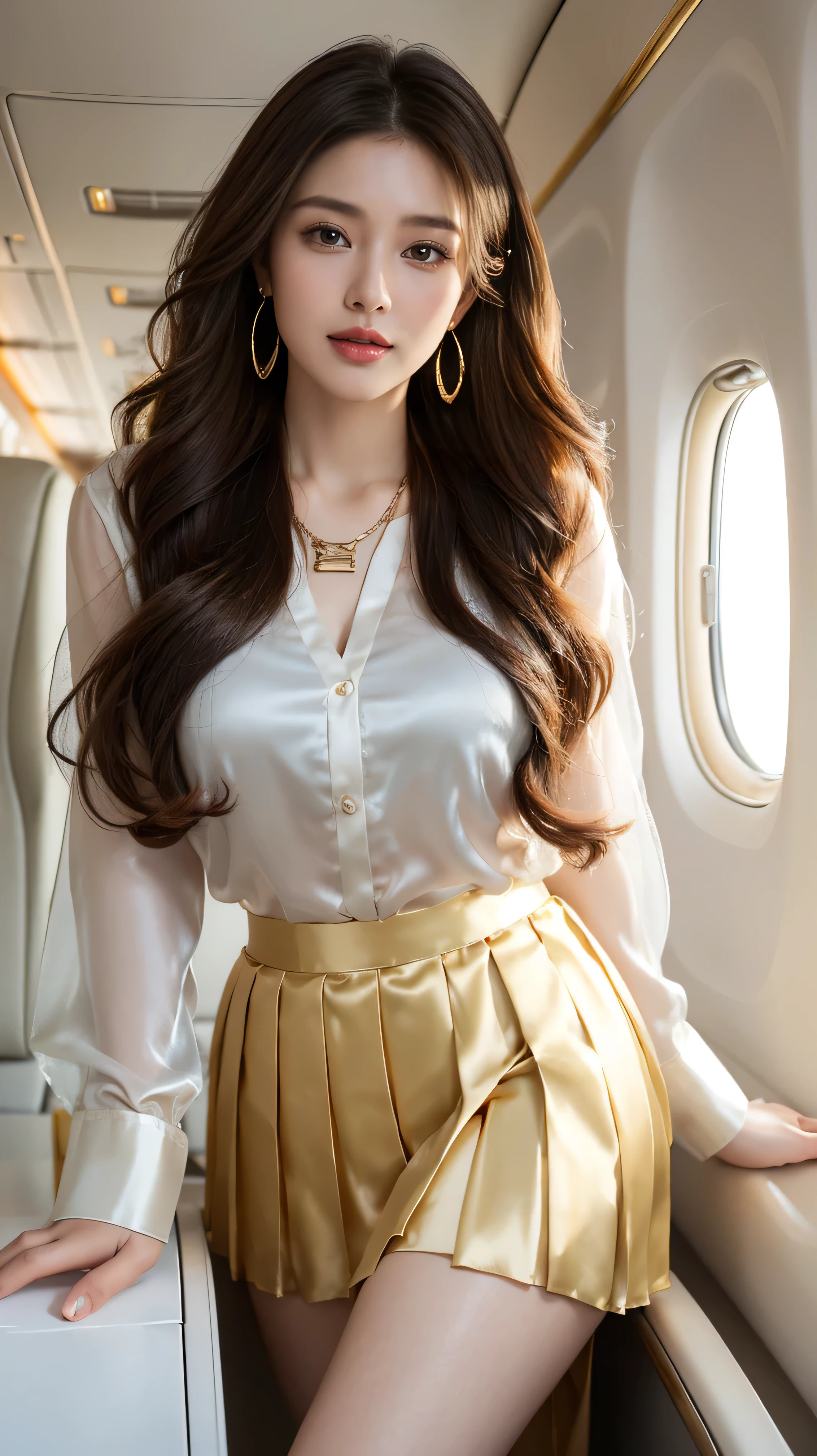 highest quality,masterpiece,Ultra-high resolution,(Actual:1.4),Original photo,Ultra-high resolution,8k,There are women,Fair skin,Exquisite makeup,stewardess uniform,flight attendant uniform,flear miniskirt,white shirt,silk scarf,inside the airplane,High heels,Long legs,Bright and beautiful、shy smile、((Loosely inward wavy hair:1.2)),((Gold Necklace_Large earrings:1.2)),((Extra long brown hair:1.2))((Wearing a satin blouse, ultra-thin fabric、smooth、See-through fabric:1.3)),((wearing Pleated skirt in off-white:1.3)),