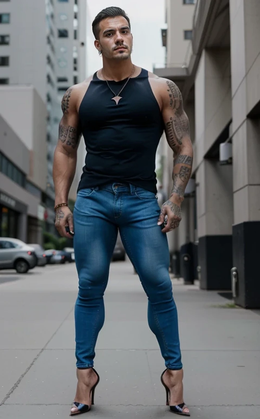 Athletic hunk muscular man with very short hair, very tight jeans, vintage bra, very high stiletto heels with pointy toes, earrings, makeup, tattoos, long earrings, necklace, lipstick, outside
