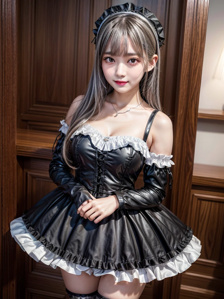 Accurate depiction with high resolution,(8K, Photorealistic, Raw photo, of the highest quality: 1.3), (1girl in), Super beautiful, (Realistic face), (boyish, Silver Color Berry Shorthair), Beautiful , Glare that captivates the viewer, Beautiful expression, Beautiful breasts, (Realistic skin), Be...Super high quality, super high definition, super detailed, masterpiece, 20years old, female, cute, perfect face, beautiful, nice body, gothic lolita clothes, gothic lolita fashion, frilly skirt, headdress, necklace, bracelet, knee-high socks, boots, double eyelids, tear bags, Detailed down to the fingers, photo-like description, indoors, dim indoor lighting, black hair, semi long, standing, whole body, composition that shows the whole body, smiling