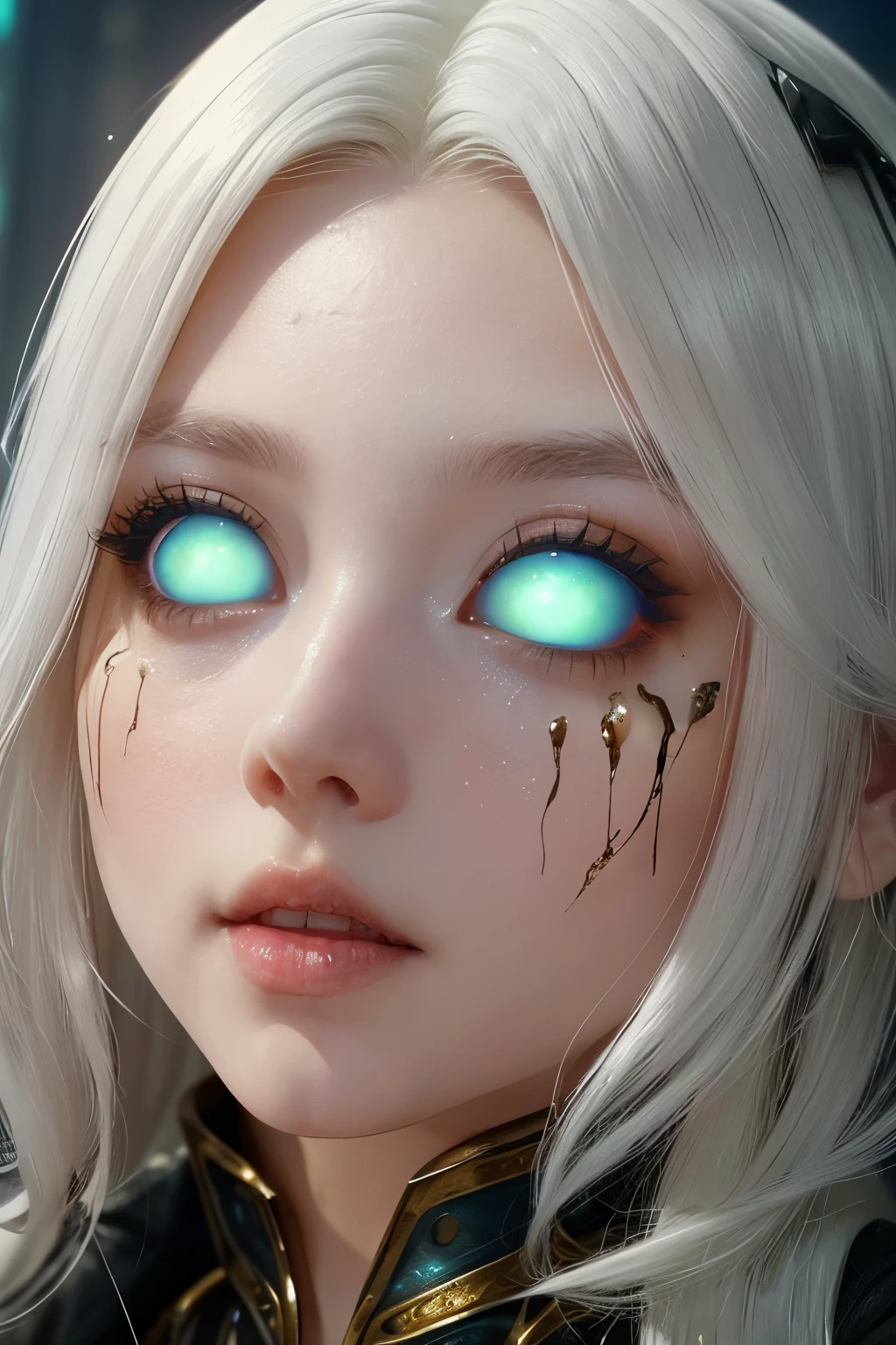 (((This is a beautiful fantasy image.))) Generate a blind zombie woman with curly hair and milk white eyes. ((Her face is extremely important.)) Her face is beautiful with puffy lips, dirty skin, and perfect features. ((Her eyes are important and should be pure white.)) fantasy, masterpiece, ornate, cyberpunk, cute, colorful, (shirome eyes:1.3), (in action)
